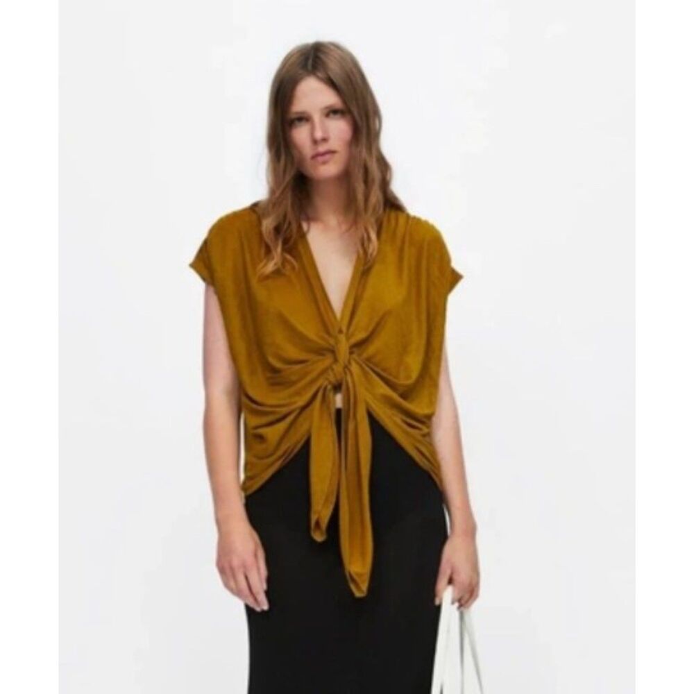 Zara Knotted Plunge Neck Drapey Crop Top in Camel Brown size Small